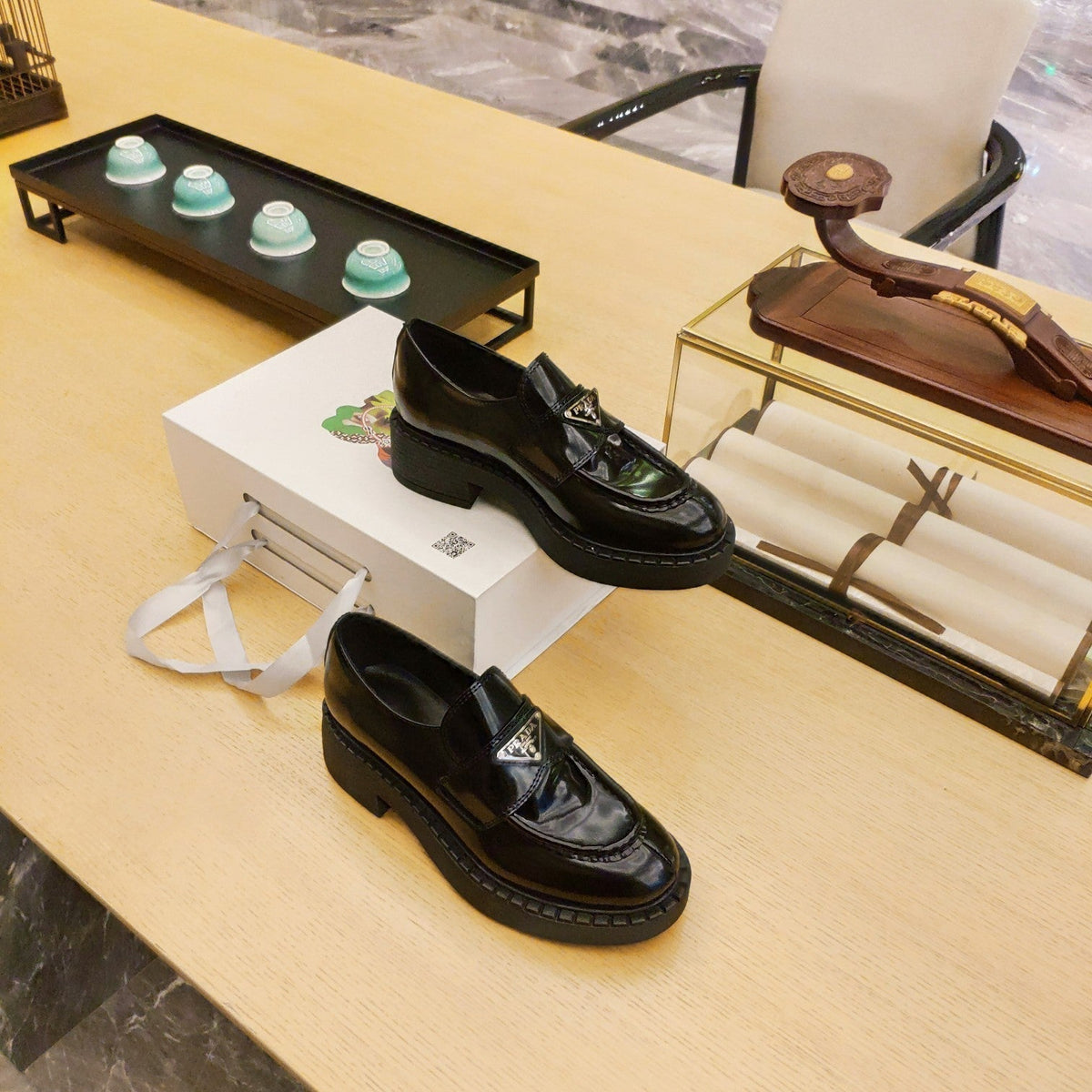 Prada 26S Penny Loafers 55mm Dark Green Patent Calfskin