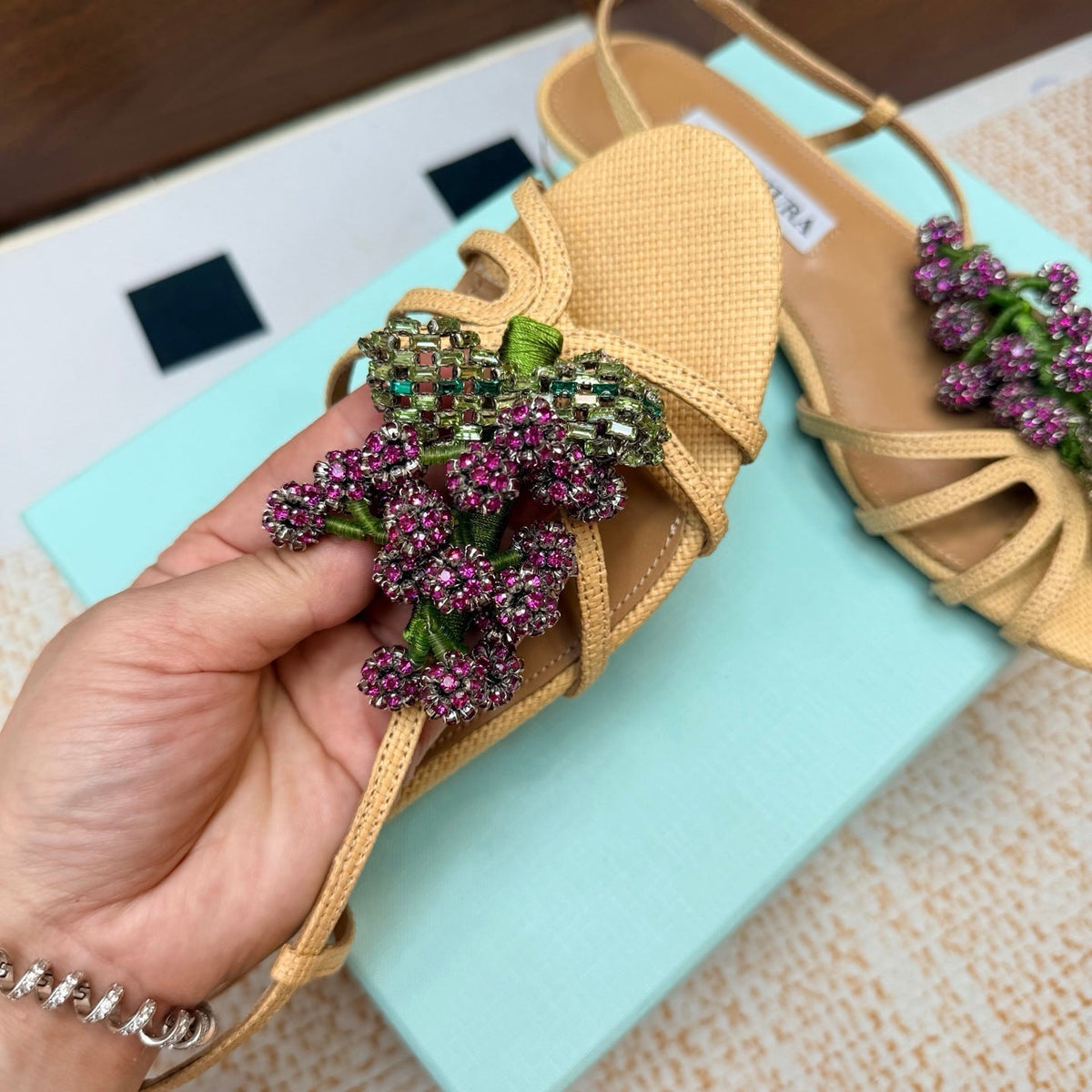 Aquazzura 26s Crystal Sandals Beige Fabric 618493