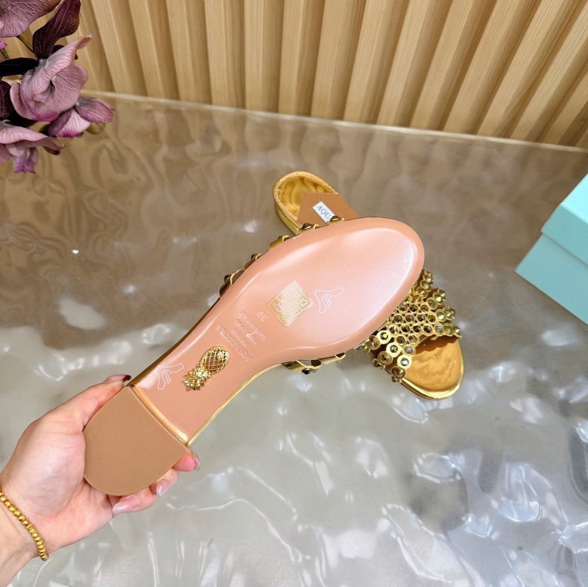 Aquazzura 26s Slides Metallic Gold Calfskin Crystal-Embellished Straps 604928