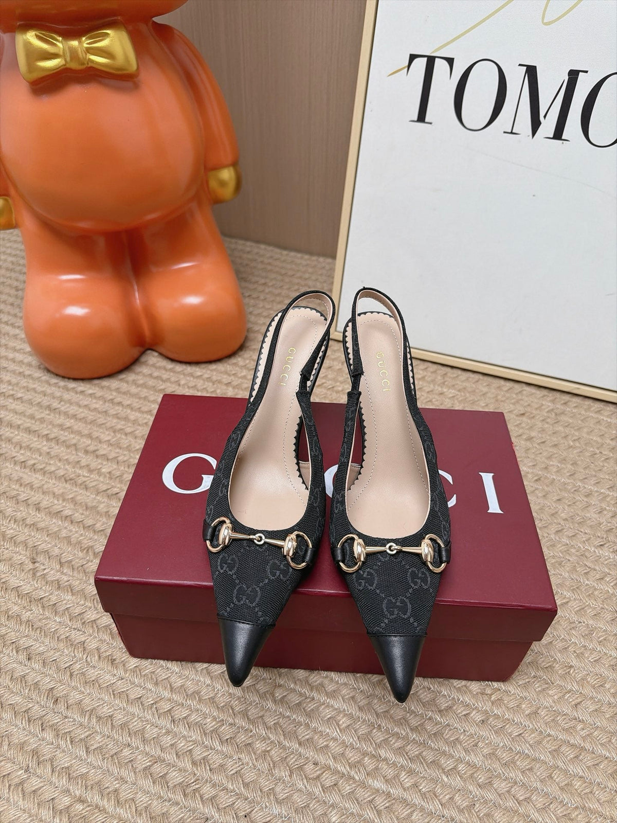 Gucci 26s Slingback Heels 10.5cm Black Canvas Mix Lambskin