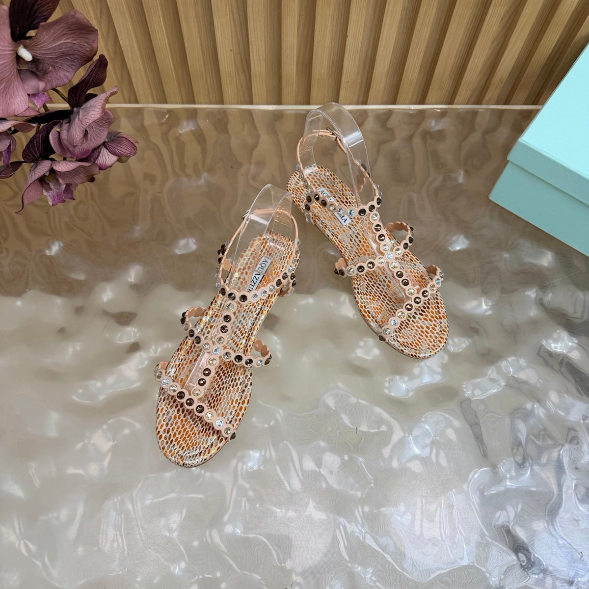 Aquazzura 26s Flat Sandals Beige Snakeskin Crystal Embellished 481953