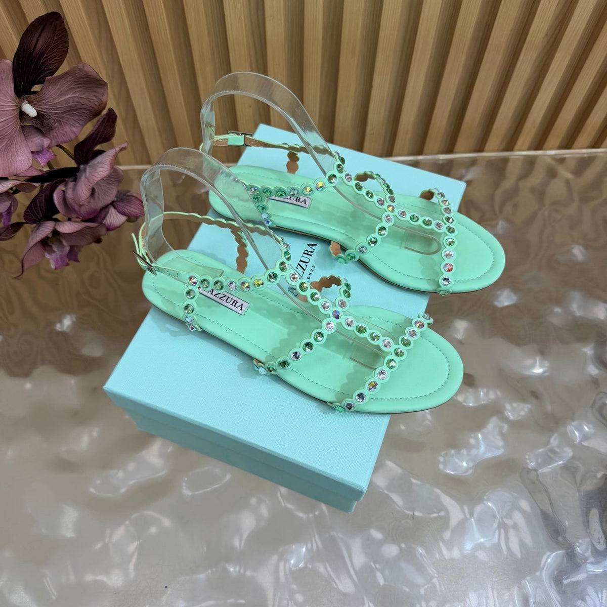 Aquazzura 26s Flat Sandals Mint Green Calfskin Crystal Embellished 694215