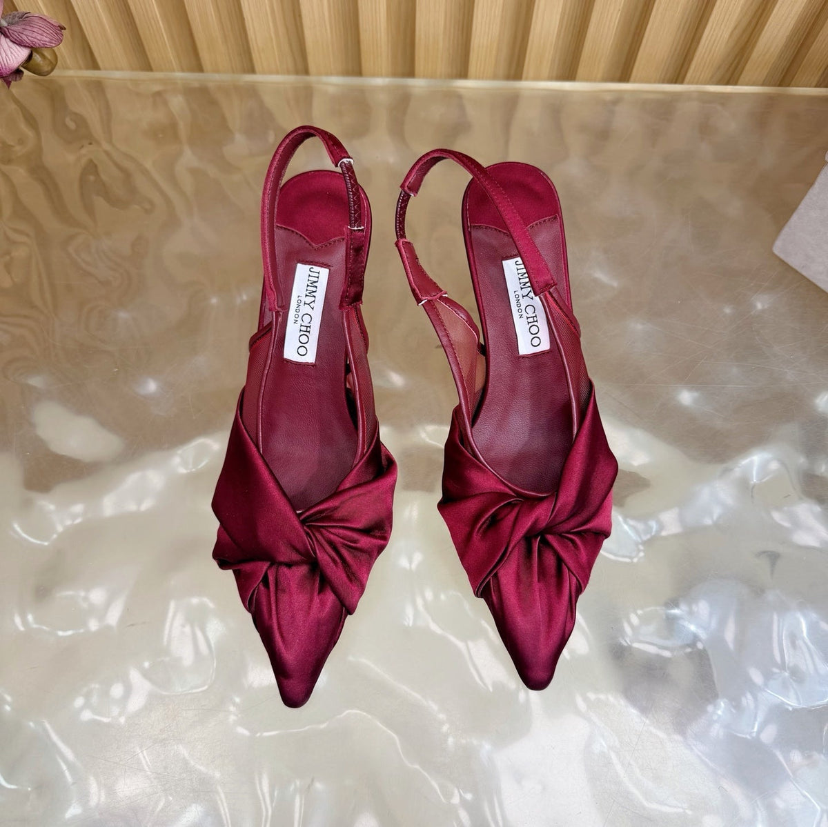 Jimmy Choo 26S Slingback Heels 6.0cm Dark Red Satin With Knot Detail 384192