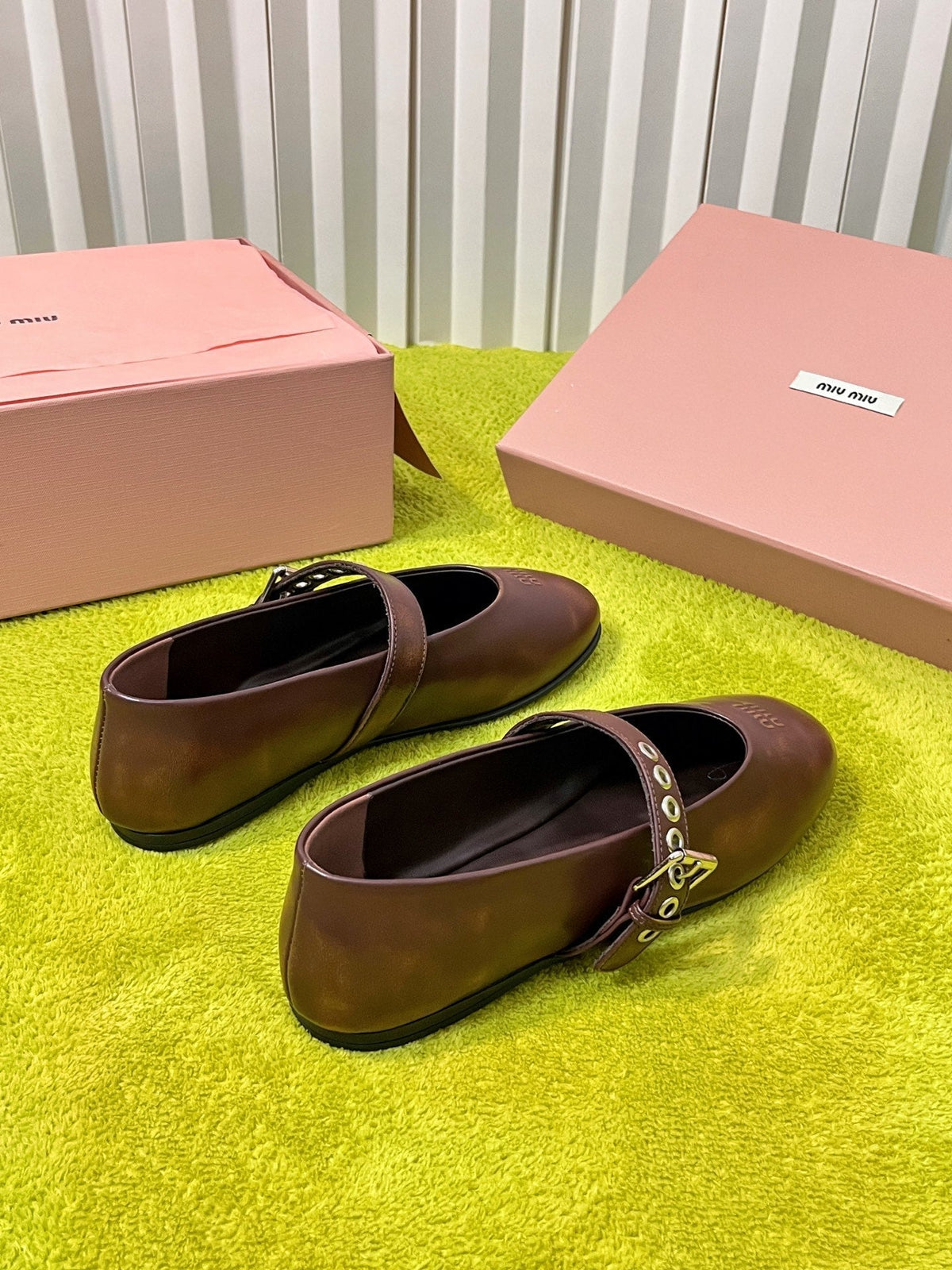 Miu 26S Mary Jane Ballerina Flats Buckle Brown Cowhide 137197