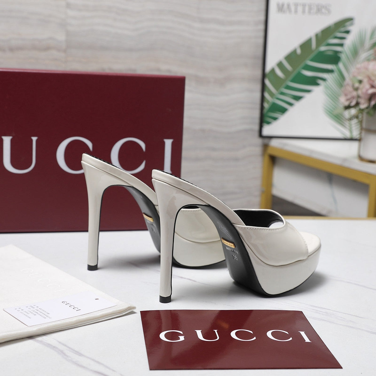 Gucci 26s Heeled Slide Sandals 12cm White Patent Calfskin