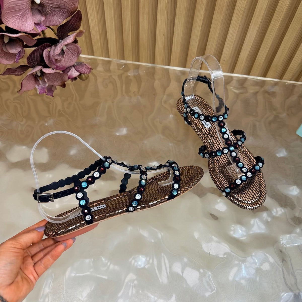 Aquazzura 26s Flat Sandals Bronze Metallic Snakeskin Crystal Embellished 831495