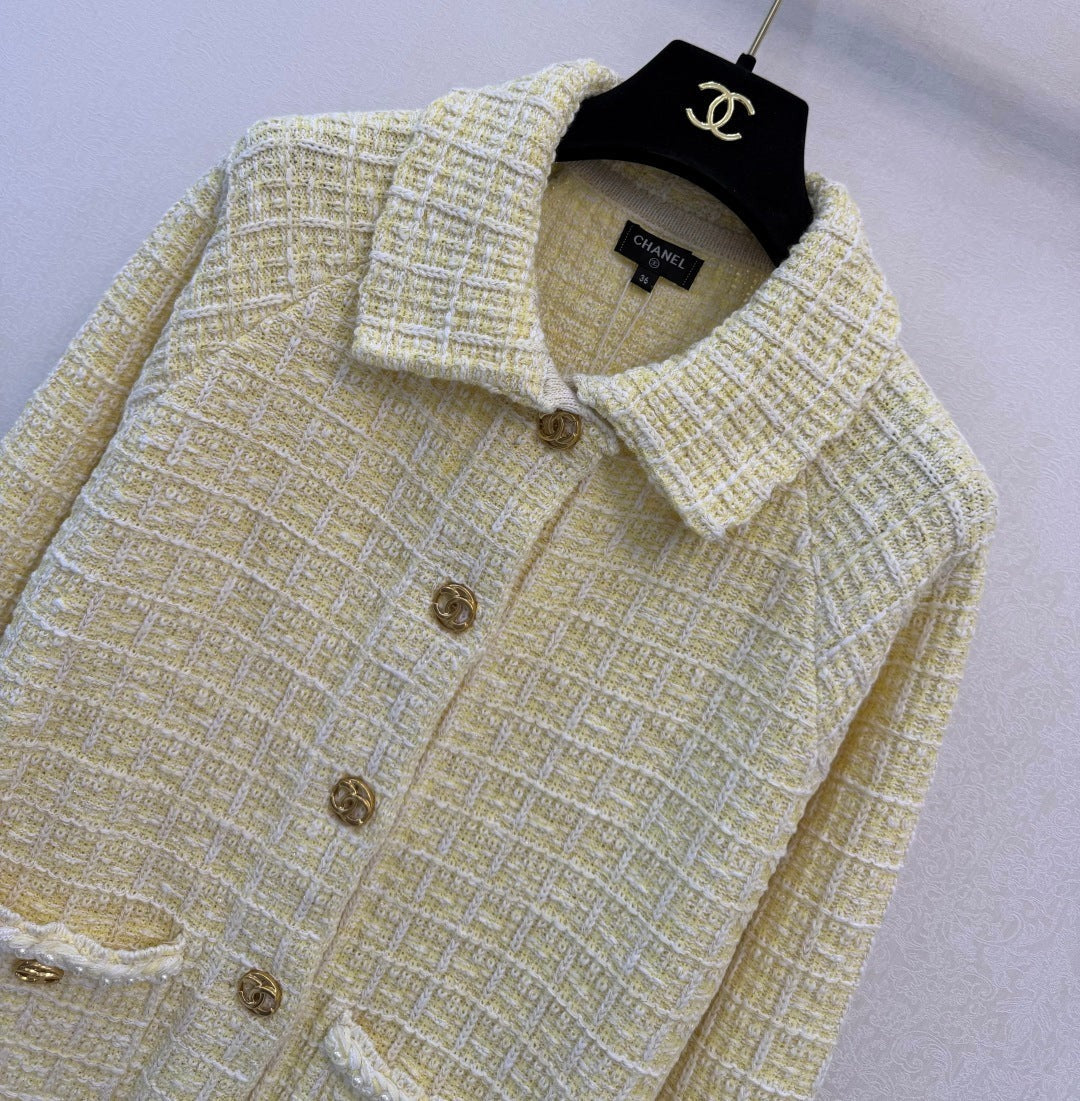 CC 26S Tweed Jacket Classic Collar Button Closure Flap Pockets Yellow Cotton 433640