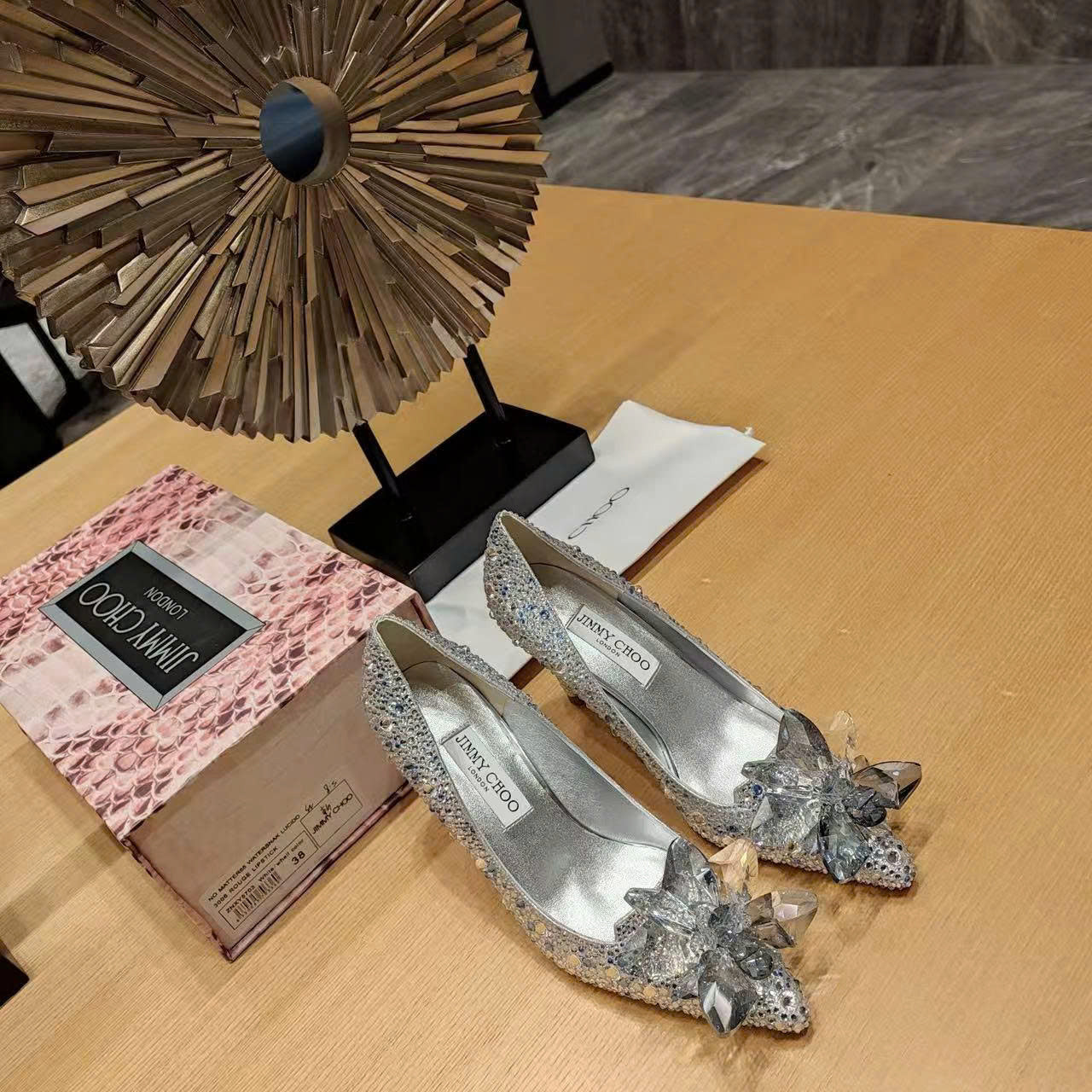 Jimmy Choo Avril Pointy Toe Pumps Crystal Covered Sliver Leather