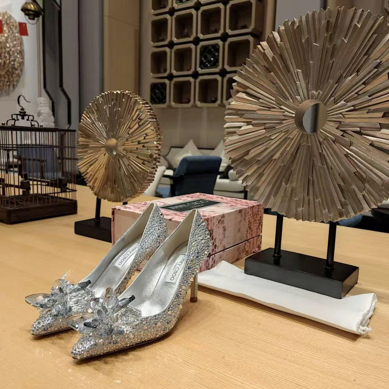 Jimmy Choo Avril Pointy Toe Pumps Crystal Covered Sliver Leather