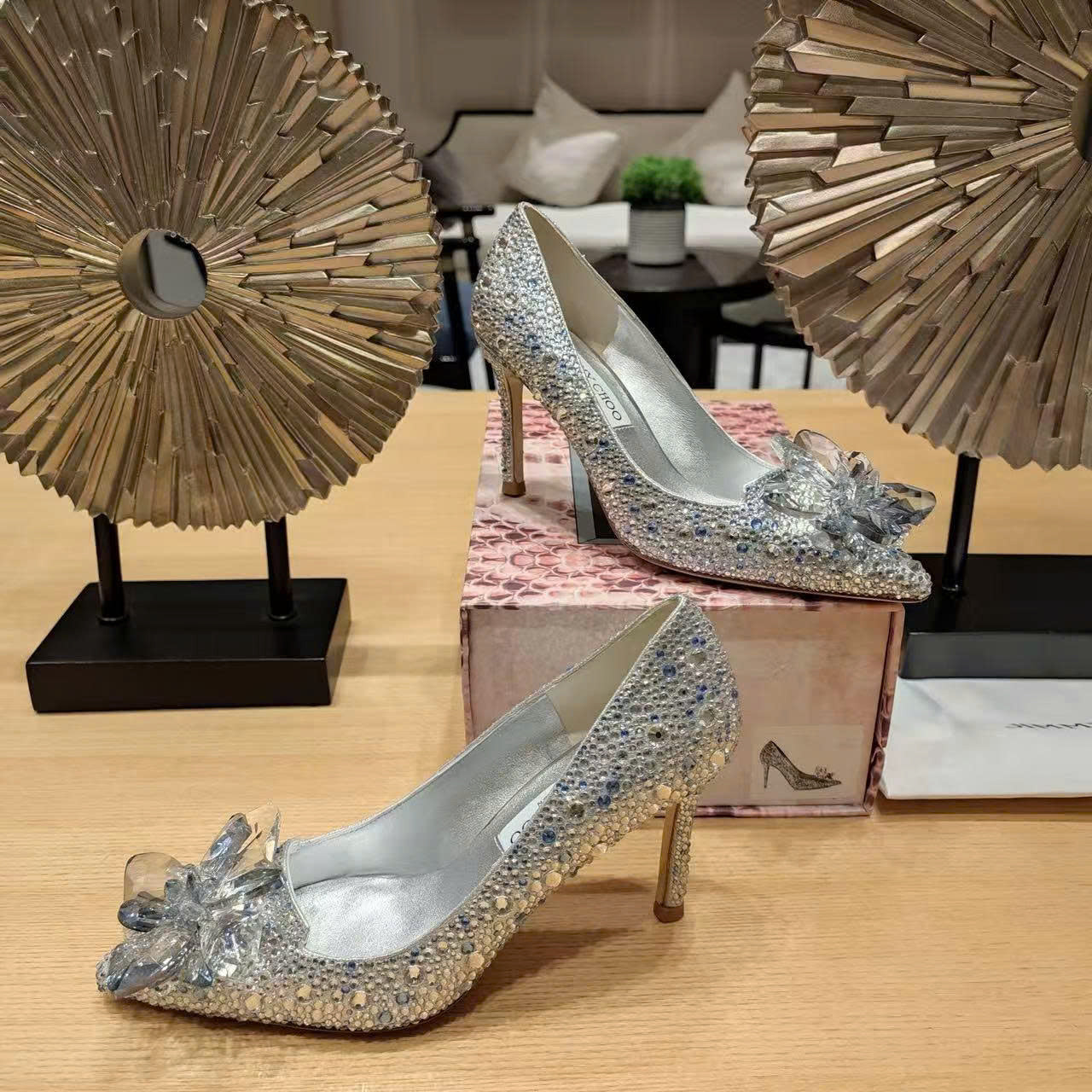 Jimmy Choo Avril Pointy Toe Pumps Crystal Covered Sliver Leather