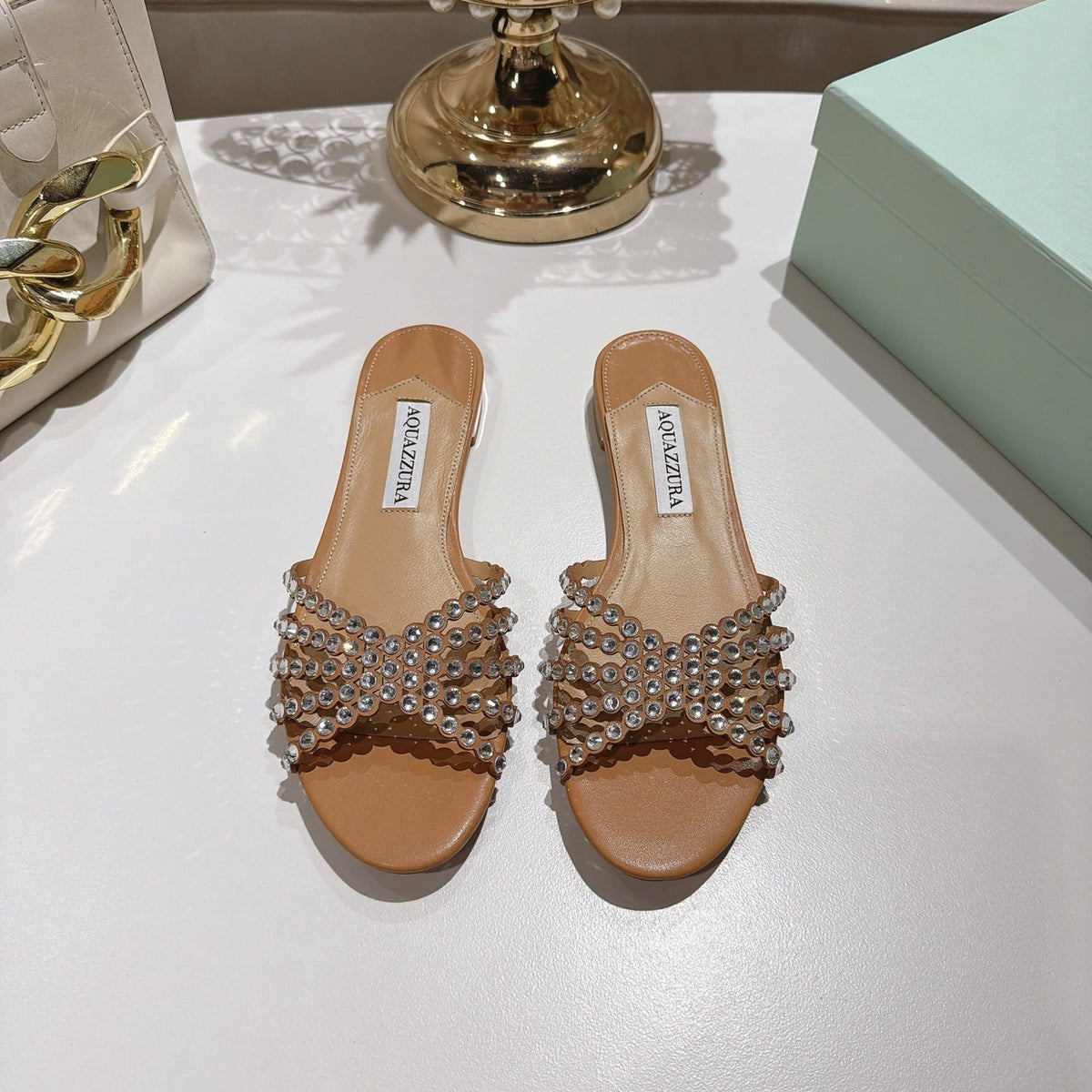 Aquazzura 26s Slides Light Brown Lambskin Crystal Embellished 384029