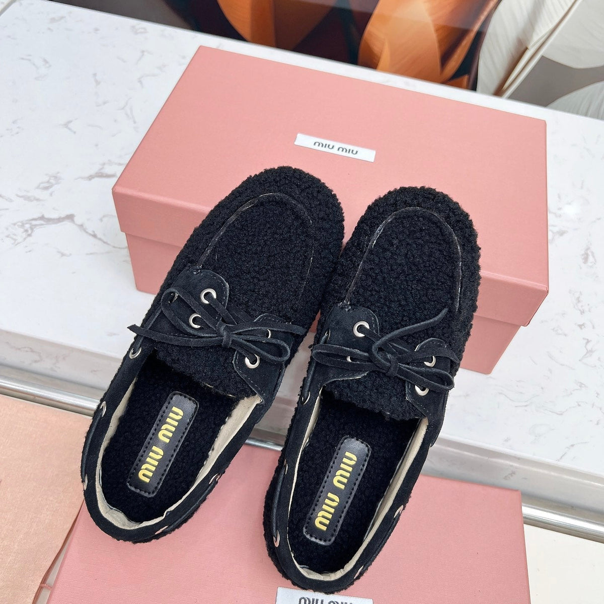 Miumiu 26s Boat Loafers Black Shearling