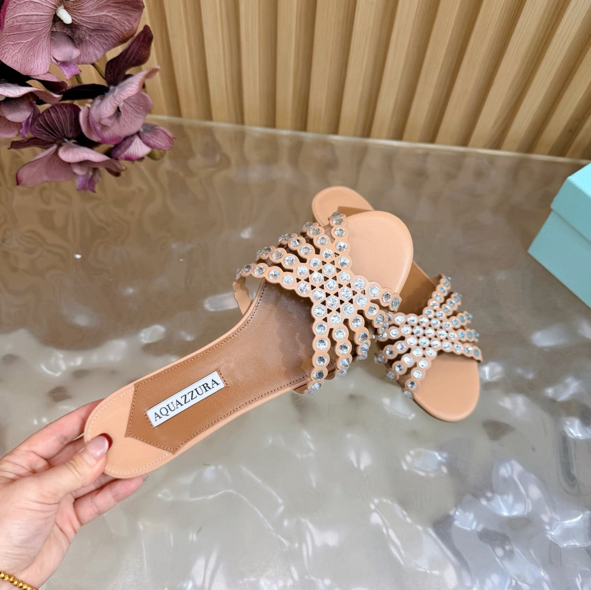 Aquazzura 26s Slides Nude Calfskin Crystal-Embellished Straps 582049