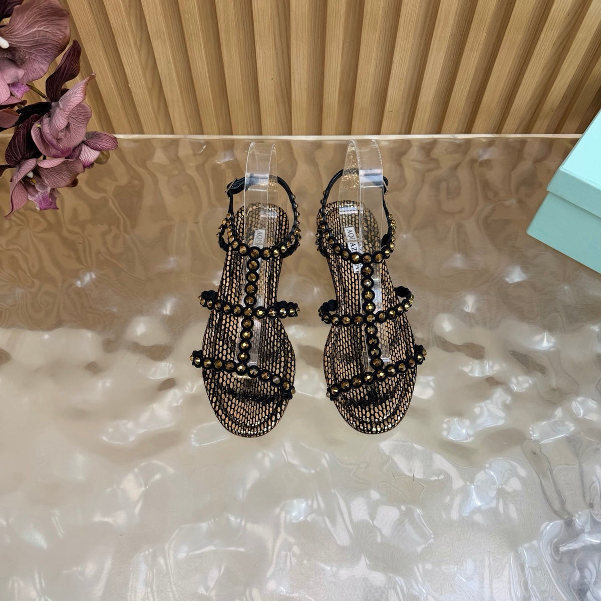 Aquazzura 26s Flat Sandals Bronze Metallic Snakeskin Crystal Embellished 739415