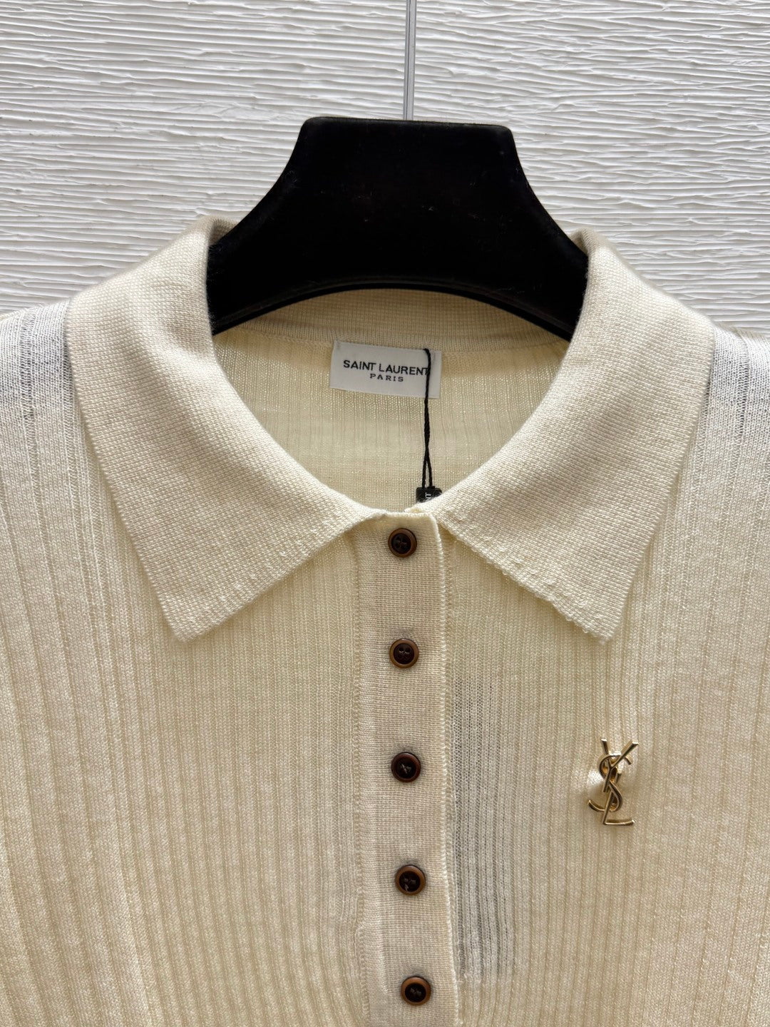 YSL 26FW Ribbed Knit Polo Sweater Gold-Tone YSL Logo Wool 313375