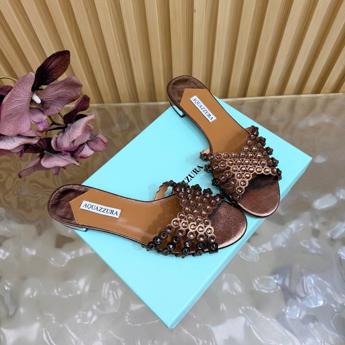 Aquazzura 26s Slides Bronze Calfskin 492015