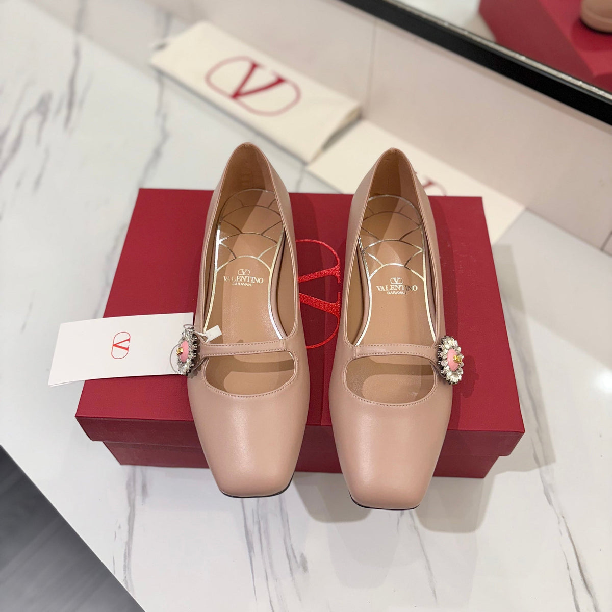 VLTN 26s Mary Jane Flats In Nude Pink Calfskin With Crystal Flower