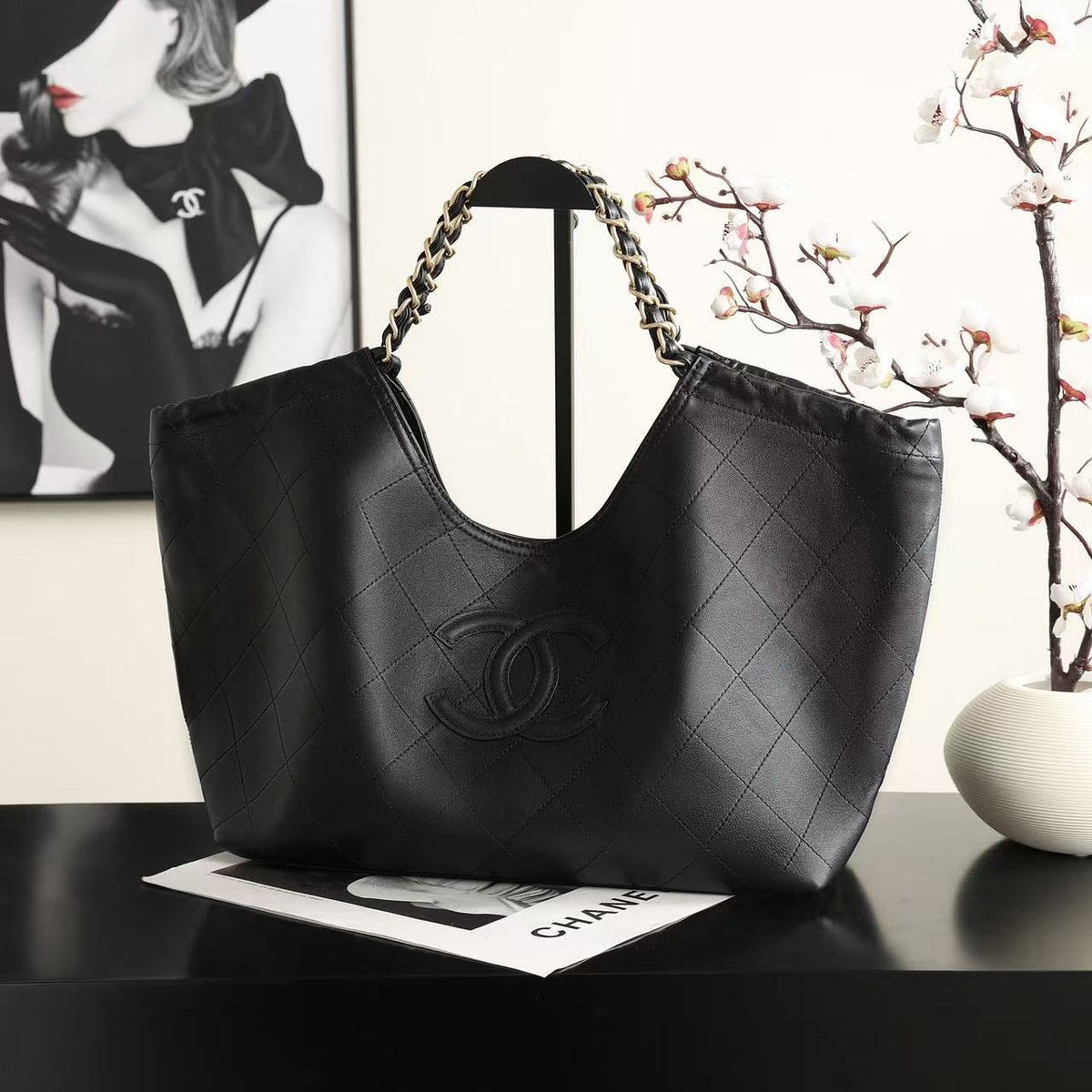 CC Quilted Large Tote Bag 38cm Black Cowhide Leather