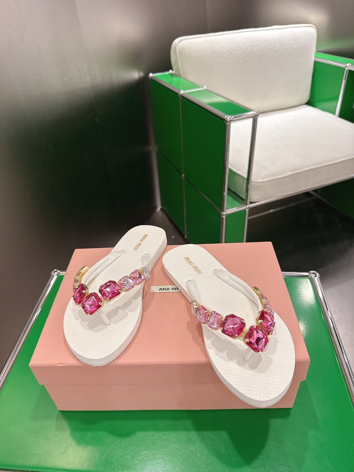 Miumiu 26s Thong Sandals White Eva Pink Crystal-embellished