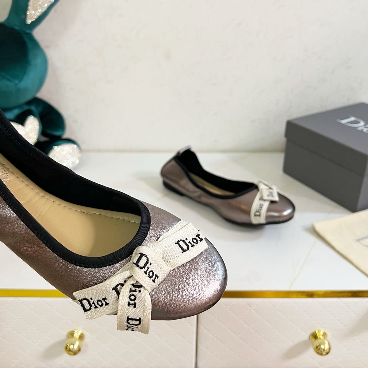 Dior 26s Bow Ballet Flats Taupe Metallic Calfskin
