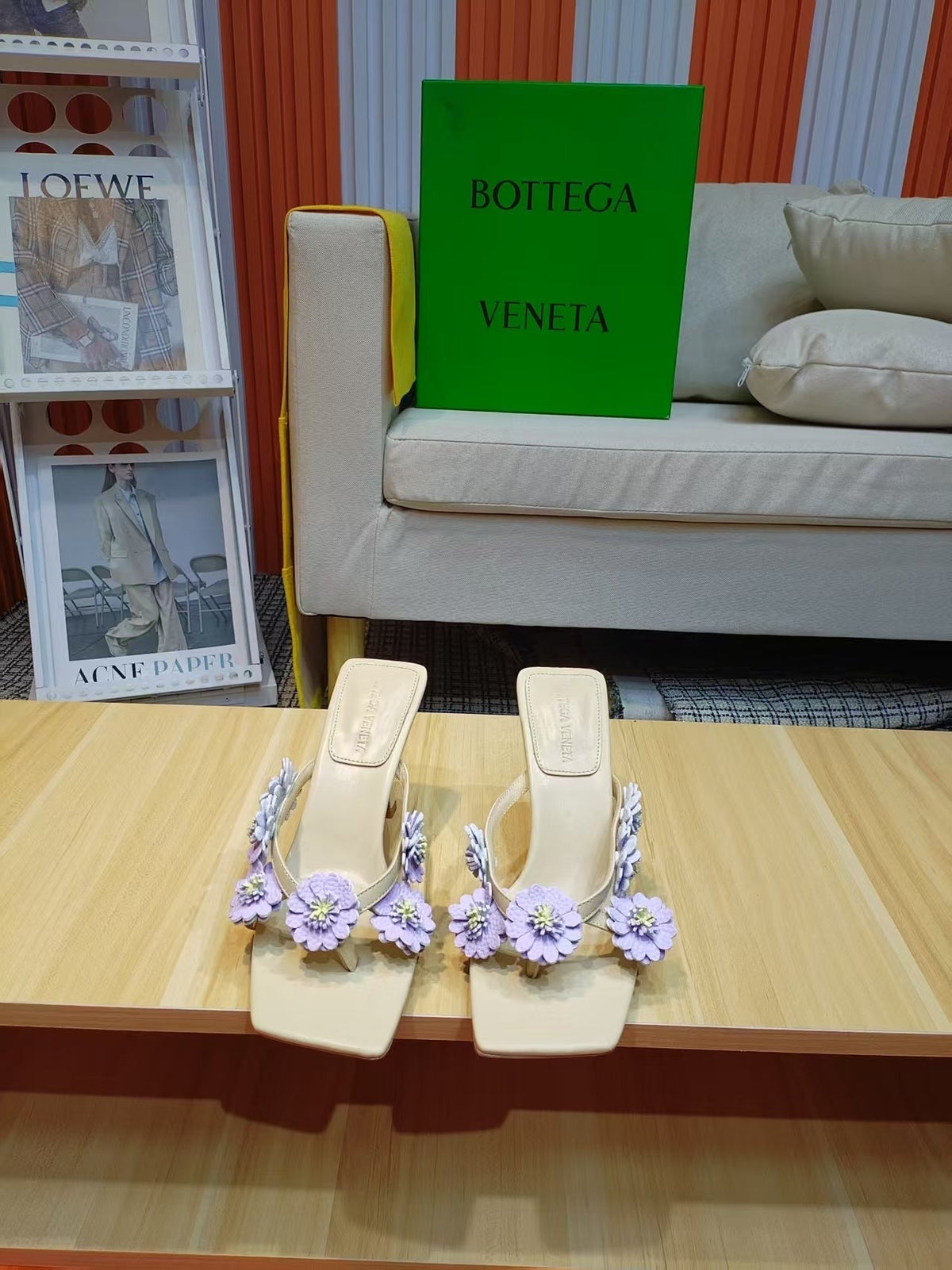 BV Riva Thong Floral Sandals 9CM Purple Beige Leather 139866