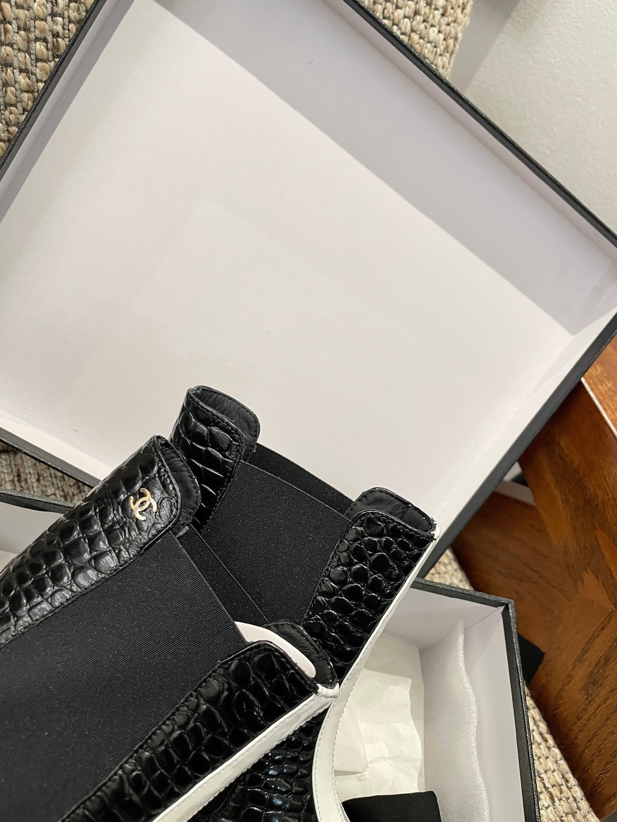 Chanel 26s Ankle Boots Black Crocodile Embossed Calfskin White Trim