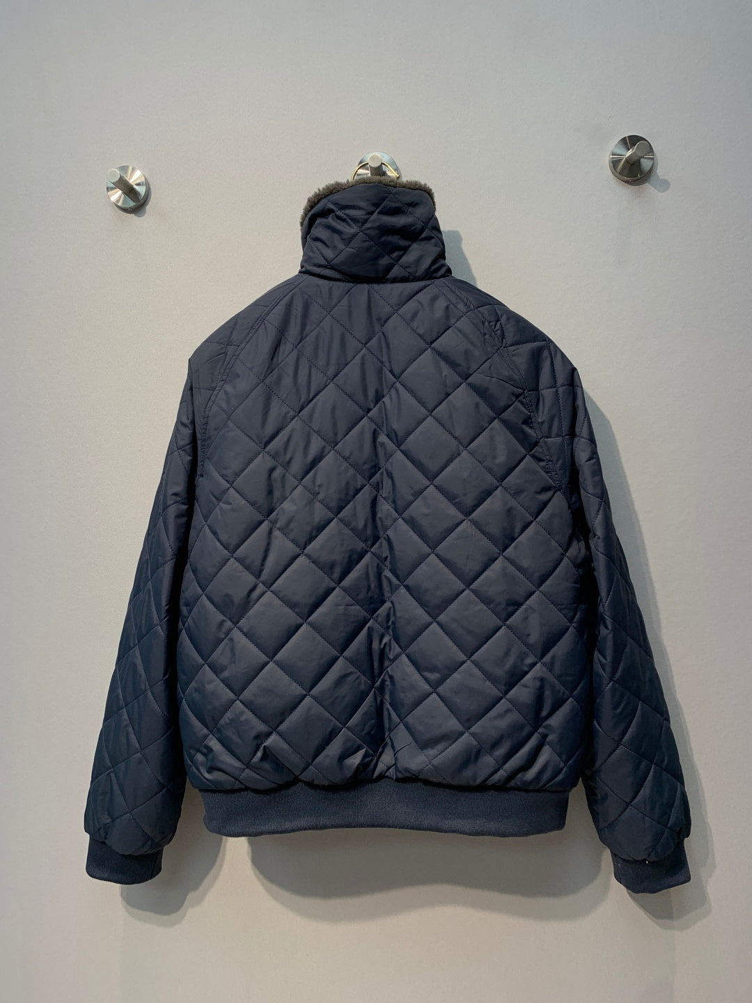Miumiu 2026 Quilted Down Jacket Navy Blue Pongé Fabric 421170