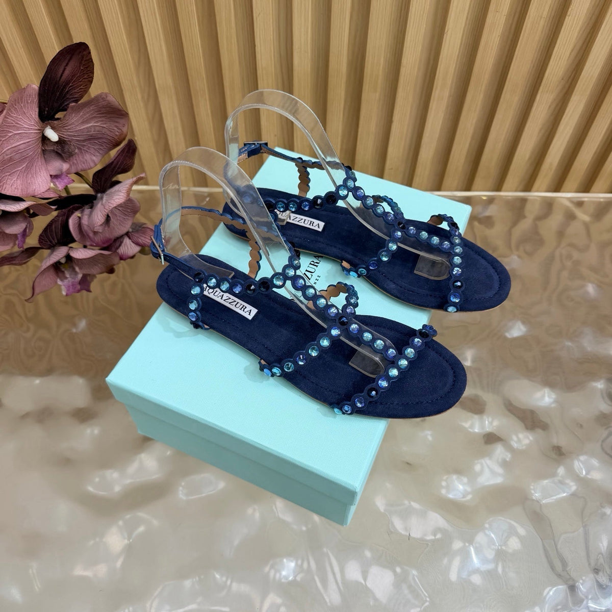 Aquazzura 26s Flat Sandals Navy Blue Suede Crystal Embellished 571932