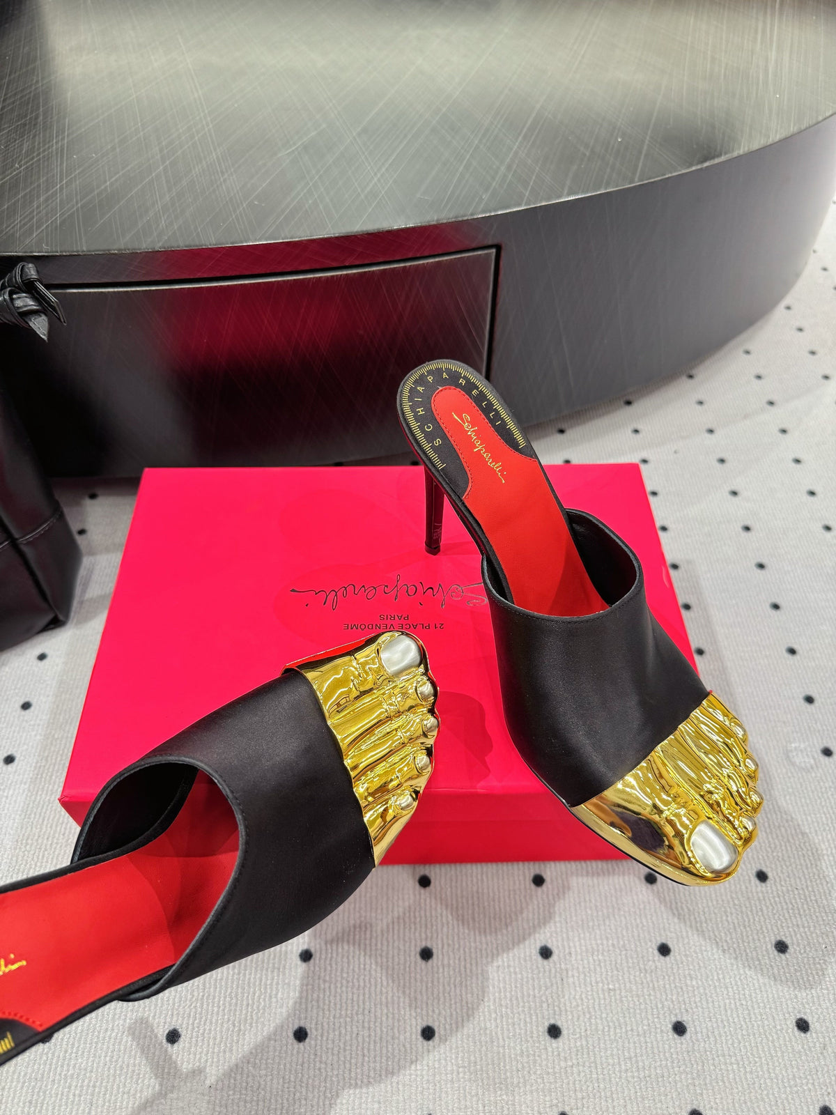 MS Trompe L'oeil Toe Mules 10.5cm Black Gold Leather Blend With Silk