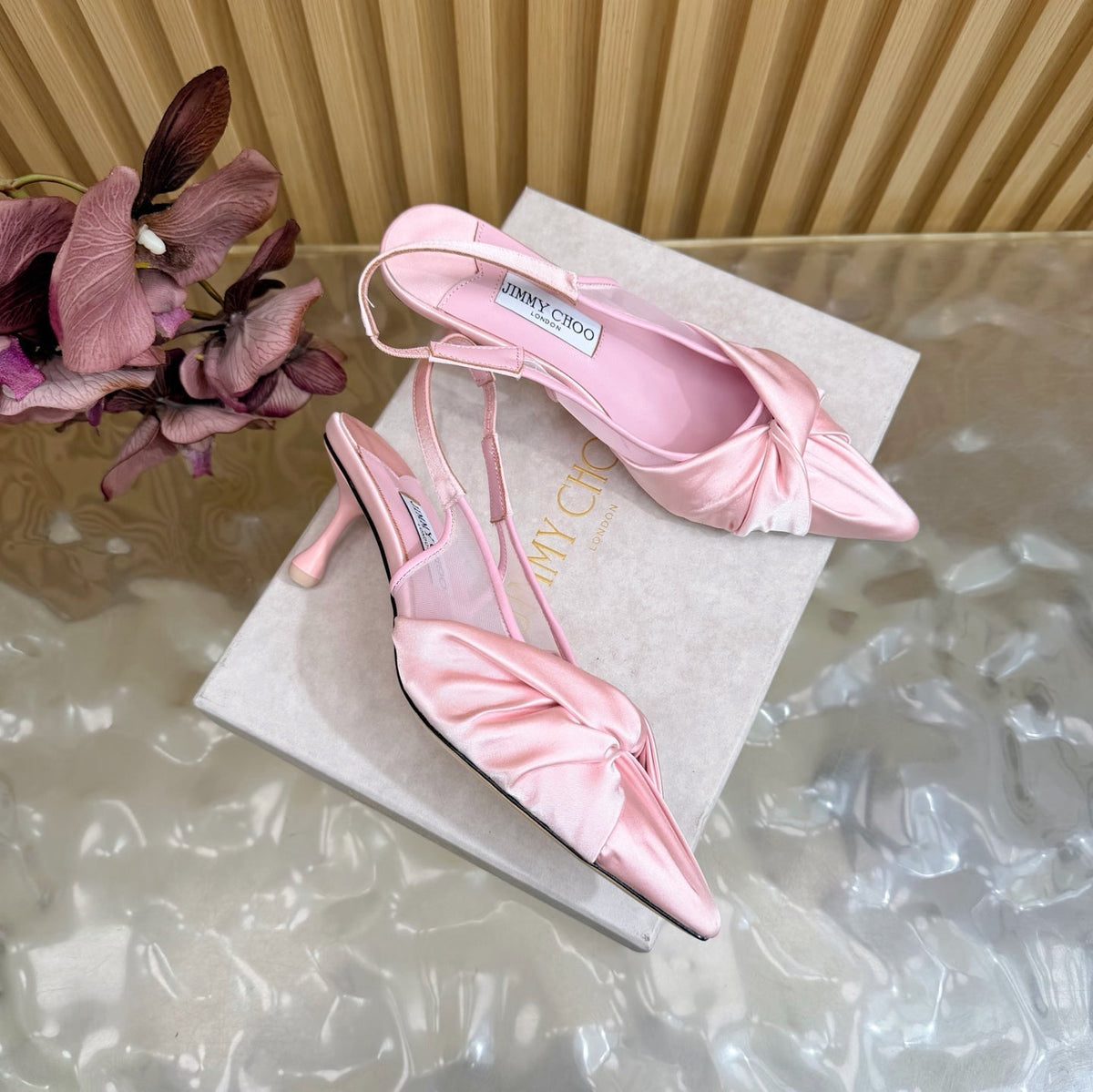 Jimmy Choo 26S Slingback Heels 6.0cm Light Pink Satin With Knot Detail 521946