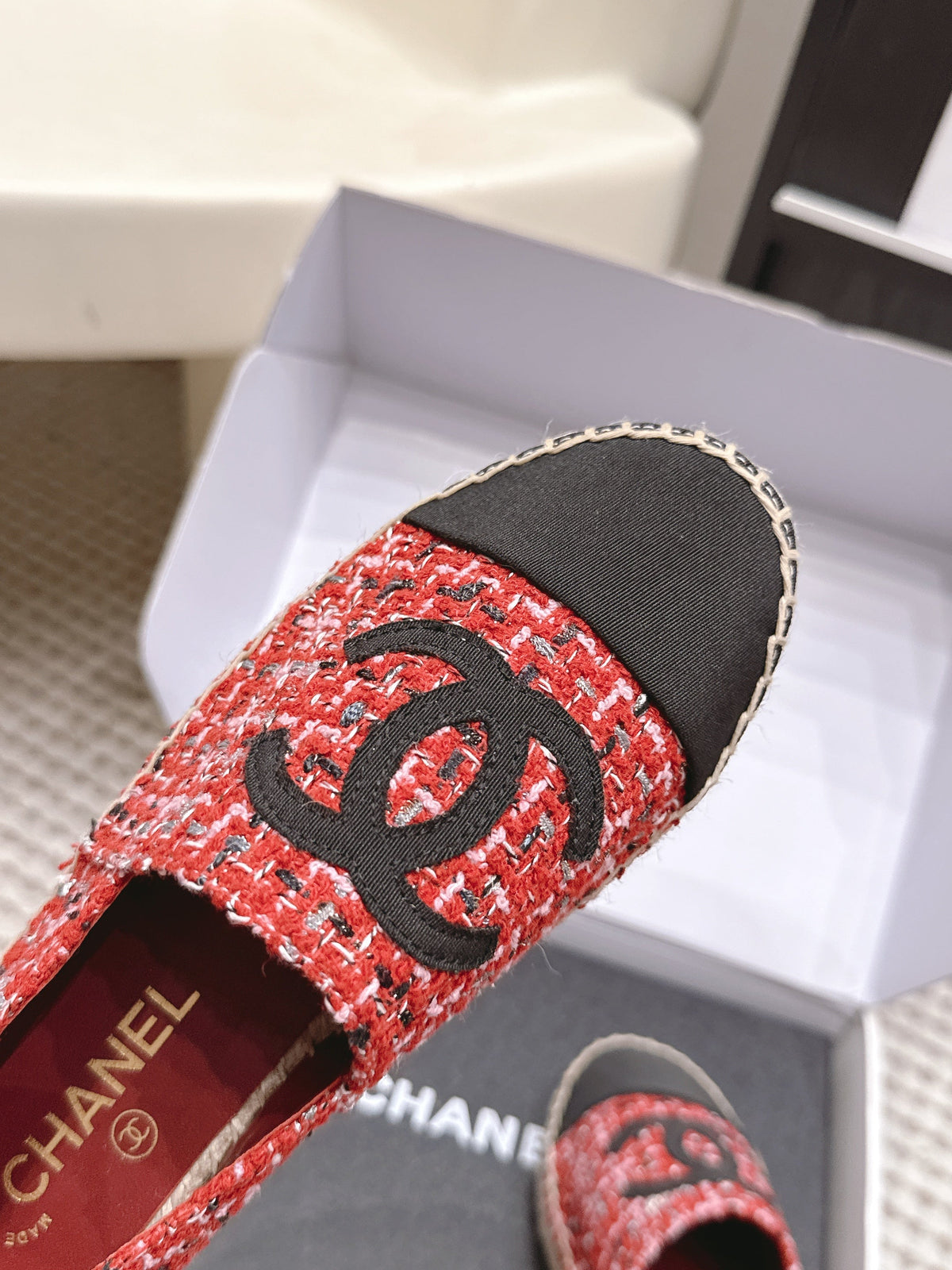 CC 26S Slip-Ons in Red Mix Black Tweed and Patent Calfskin