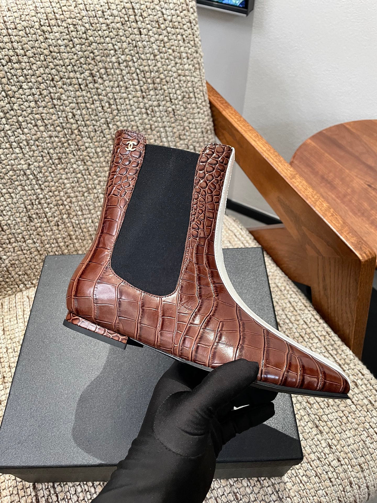 Chanel 26s Ankle Boots Brown Crocodile Embossed Calfskin White Trim