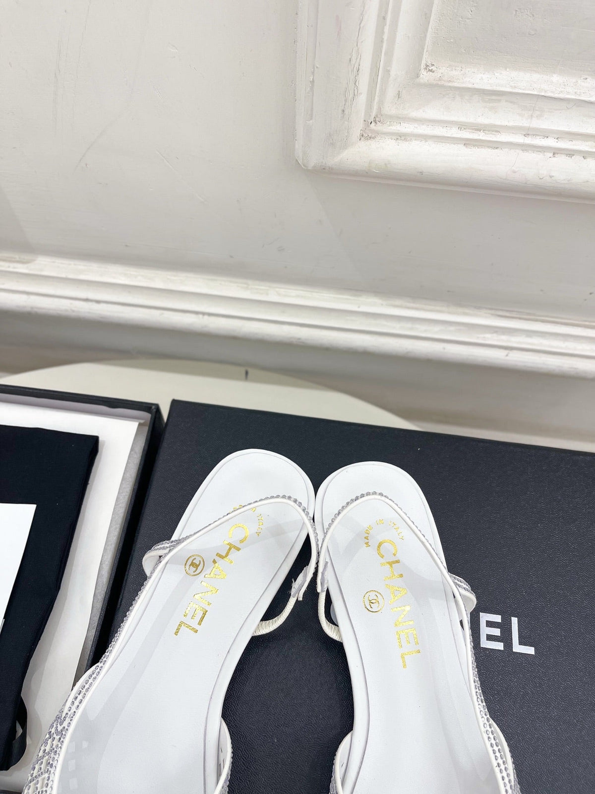 Chanel 26s Flat Pointed Toe Slingback White Mesh Black Toe Cap
