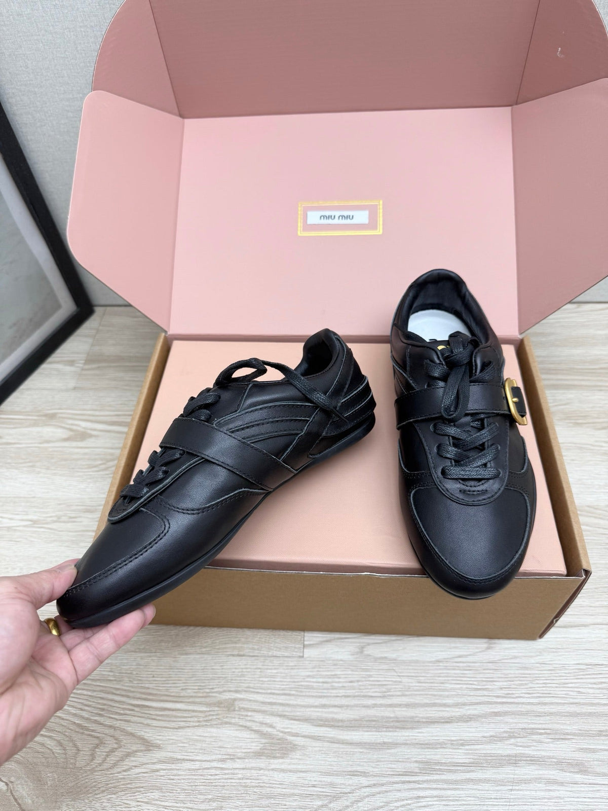 Miumiu 26s Buckle Sneakers Black Calfskin With Gold Hardware