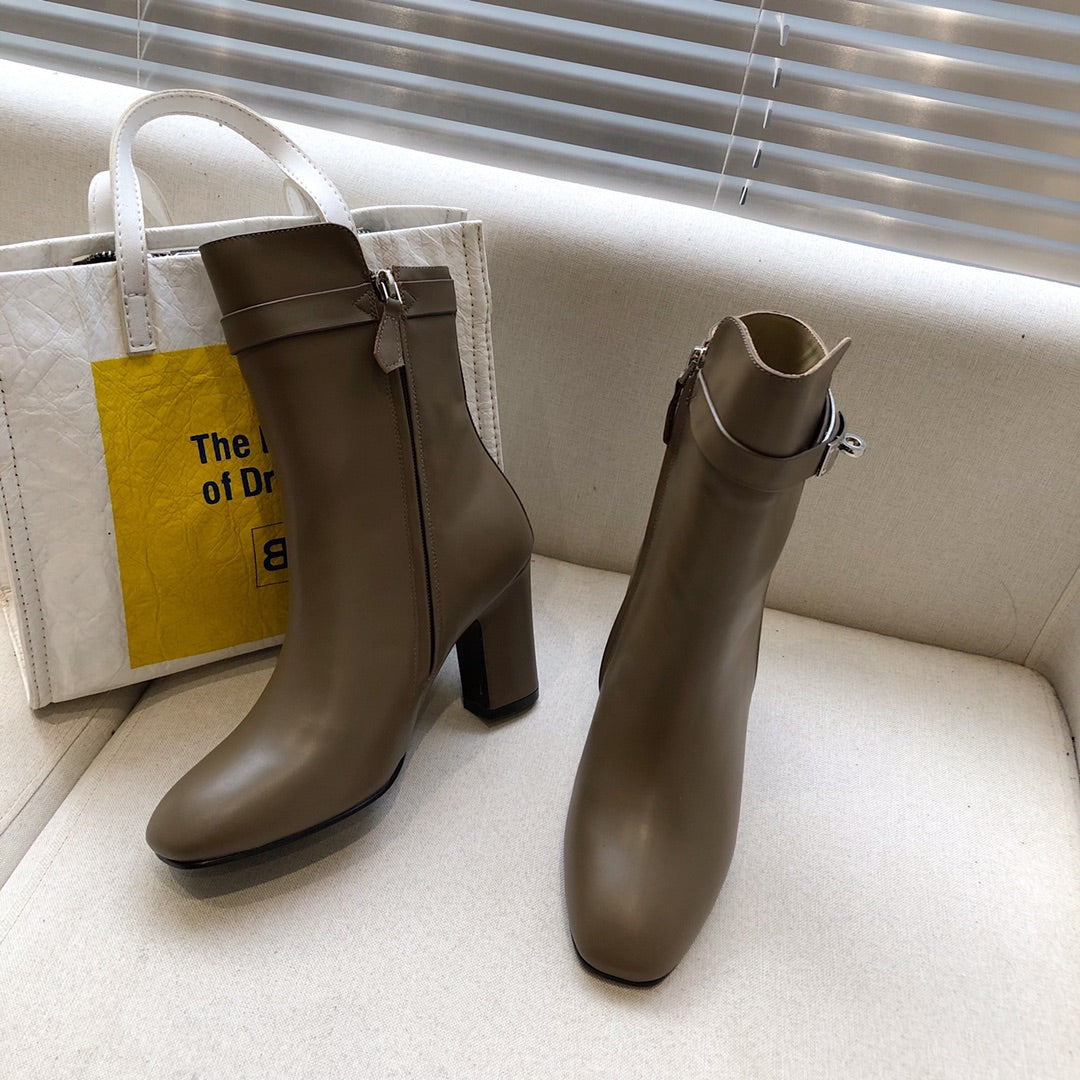 HM Classic Kelly High-Heeled Boots Brown Taupe Cowhide 546203