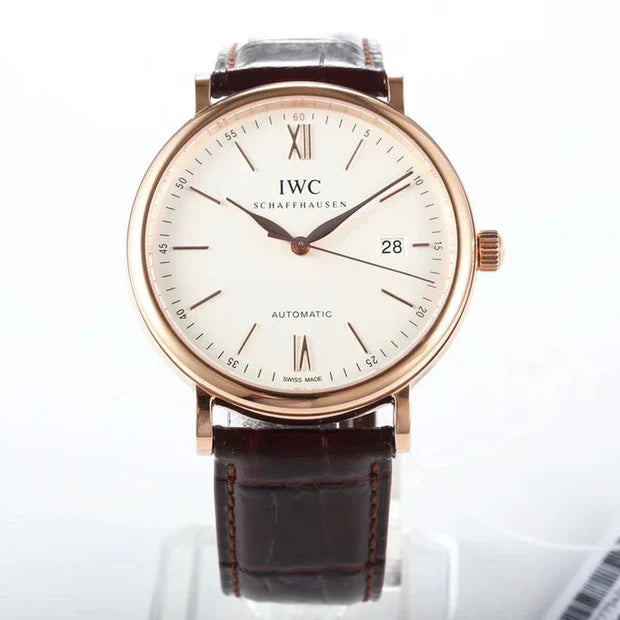 IWC Portofino 40mm White Dial Pink Gold Case Brown Leather