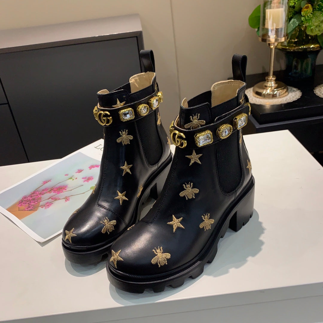 GG ankle boots star and bee black sheepskin with belt clearance