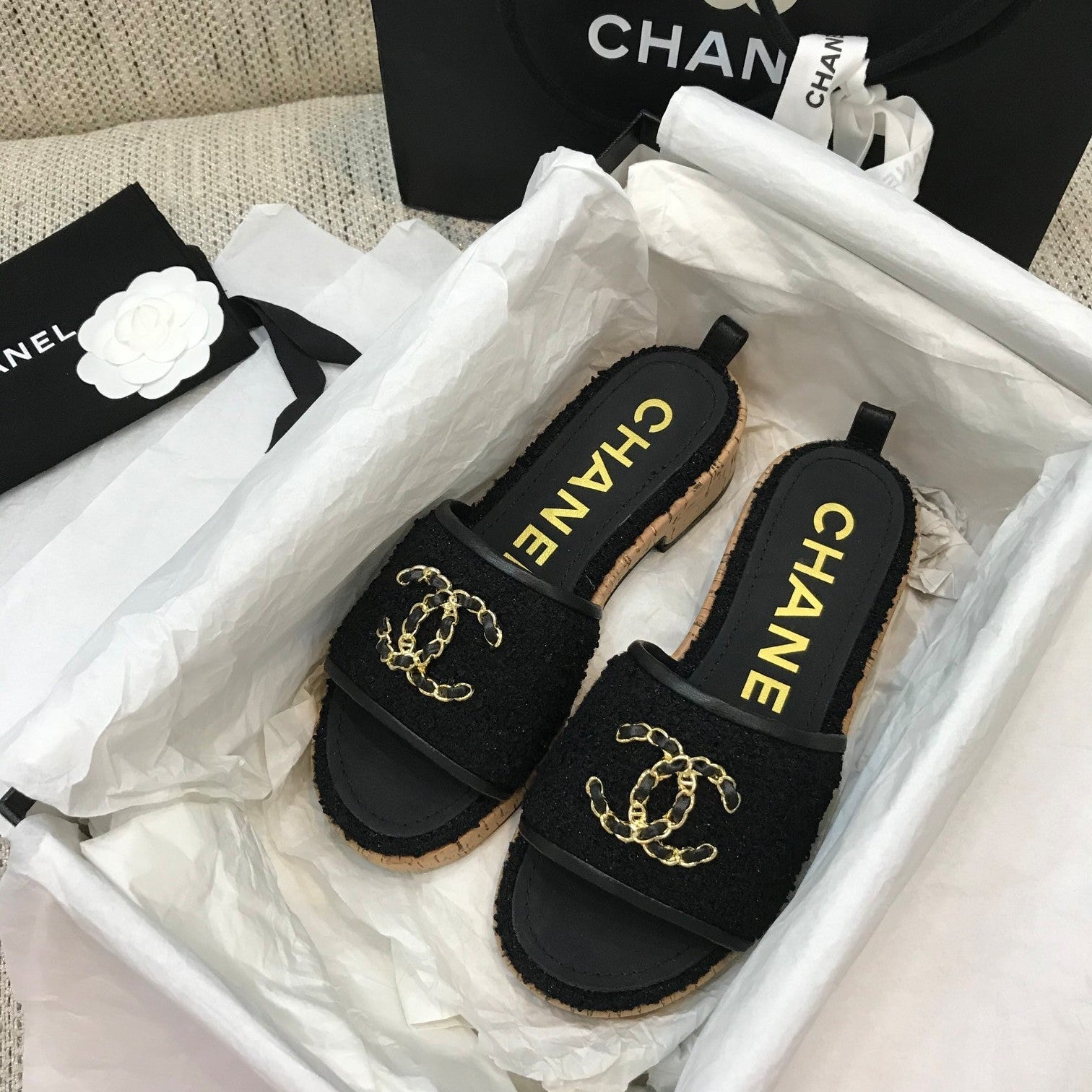 CC 26s Wooden Slippers Black Tweed Lambskin 916899