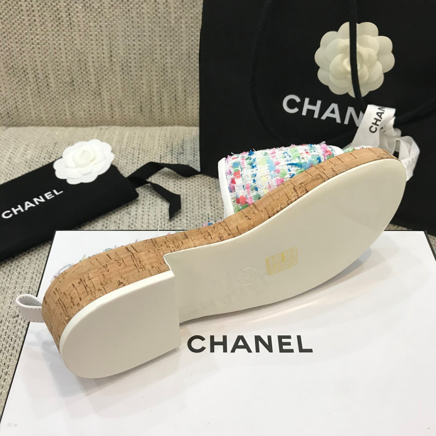 CC 26s Wooden Slippers White Colorful Tweed Lambskin 916901
