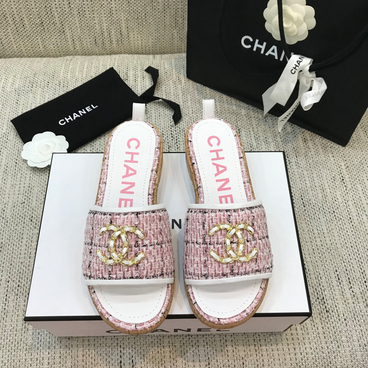 CC 26s Wooden Slippers White Pink Tweed Lambskin 916905