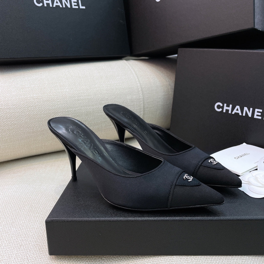 Chanel 26s Mules 8cm Black Grosgrain Satin 156621