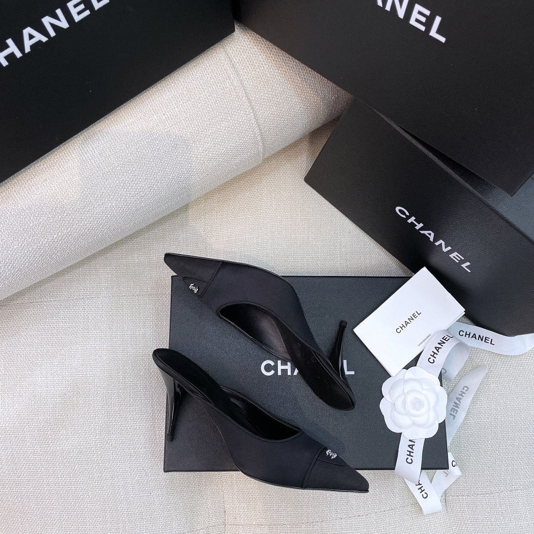 Chanel 26s Mules 8cm Black Grosgrain Satin 156621