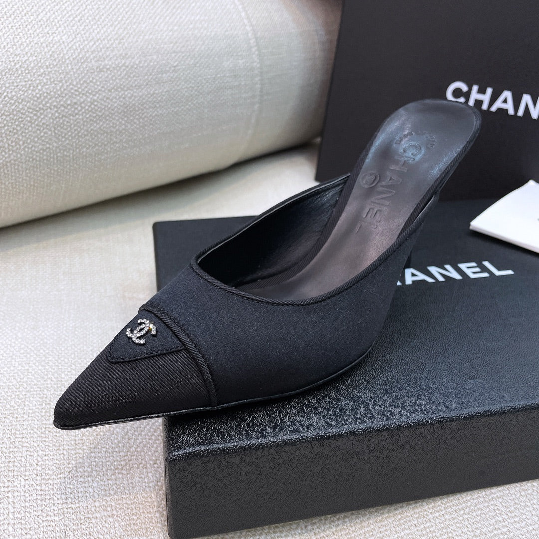 Chanel 26s Mules 8cm Black Grosgrain Satin 156621
