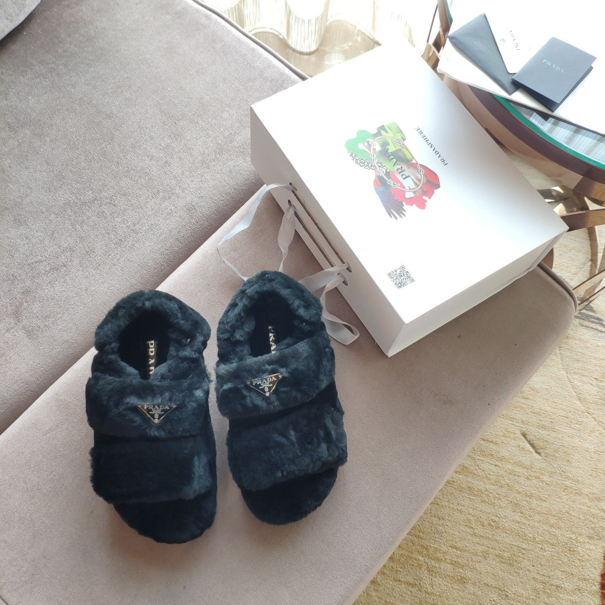 Prada 26s Triangle Logo Slides Flat Black Shearling Sandals 109445