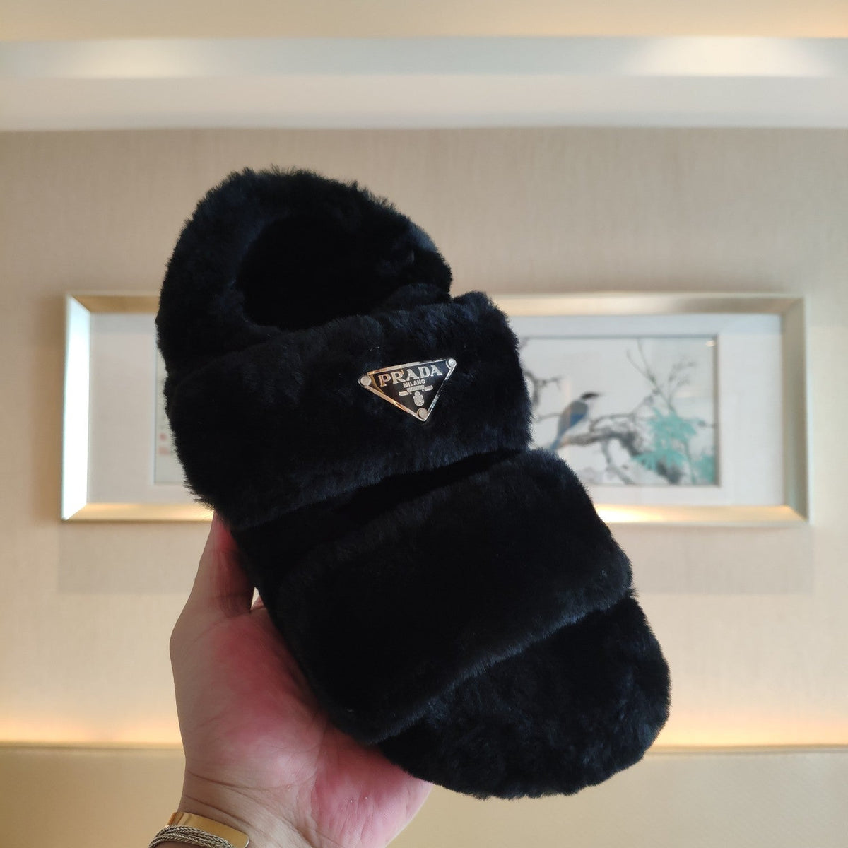 Prada 26s Triangle Logo Slides Flat Black Shearling Sandals 109445