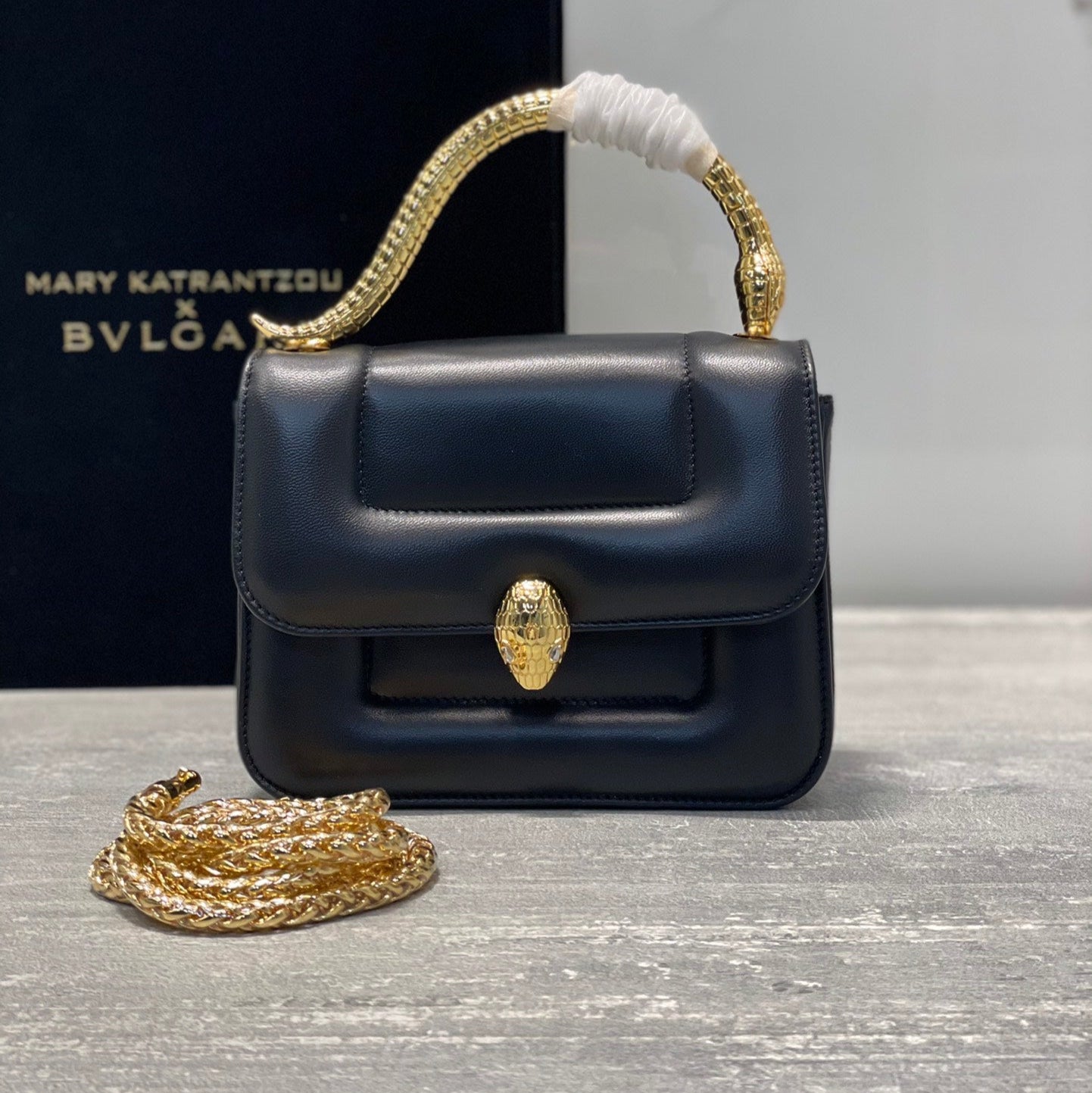 BVL Serpenti Mary Katrantzou Top Handle 19cm Black Lambskin GHW 188705