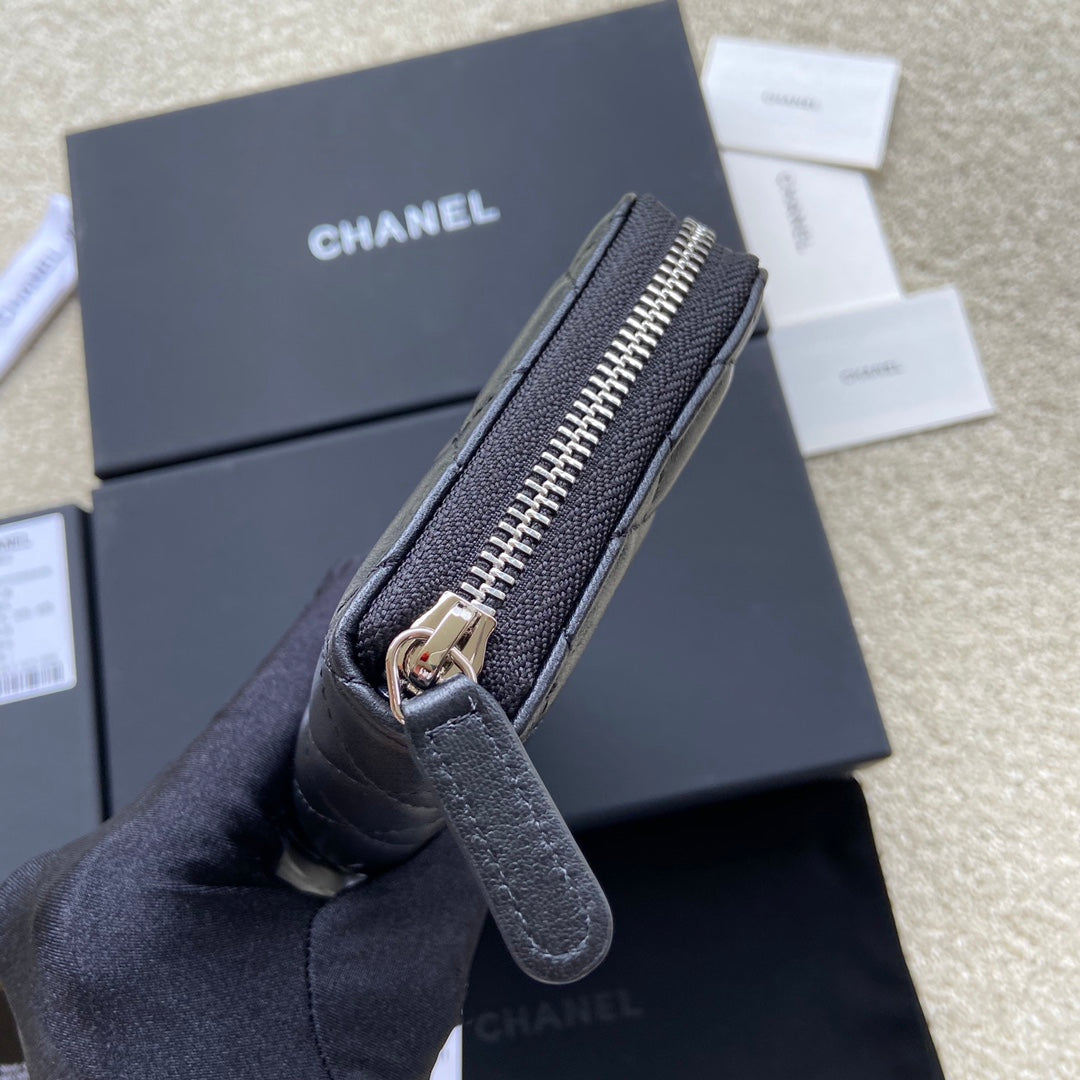 CC A50097 Classic Zipper Wallet Black Lambskin Sliver Steel 229660