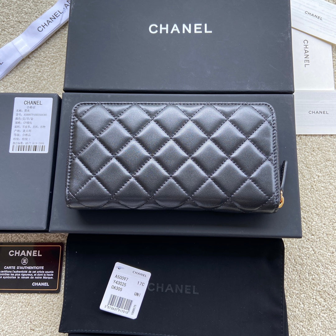 CC A50097 Classic Zipper Wallet Black Lambskin GHW 229662