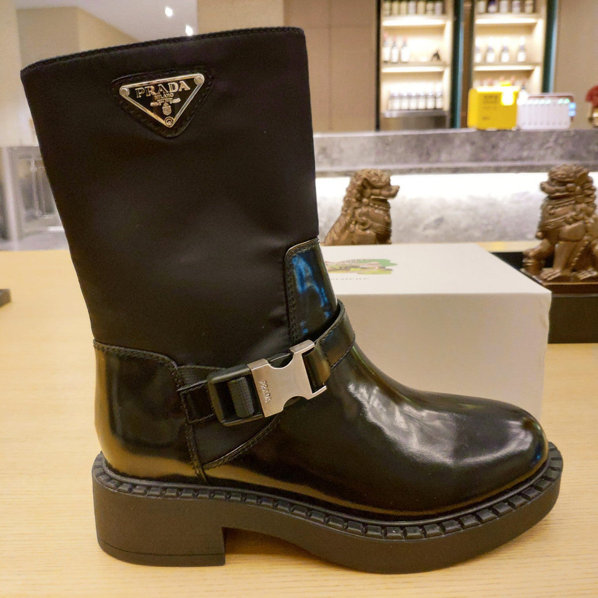 Prada 26s Buckle Triangle Logo Boots 5cm Black Nylon Patent Leather 109440