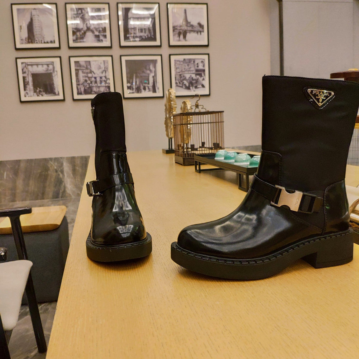 Prada 26s Buckle Triangle Logo Boots 5cm Black Nylon Patent Leather 109440